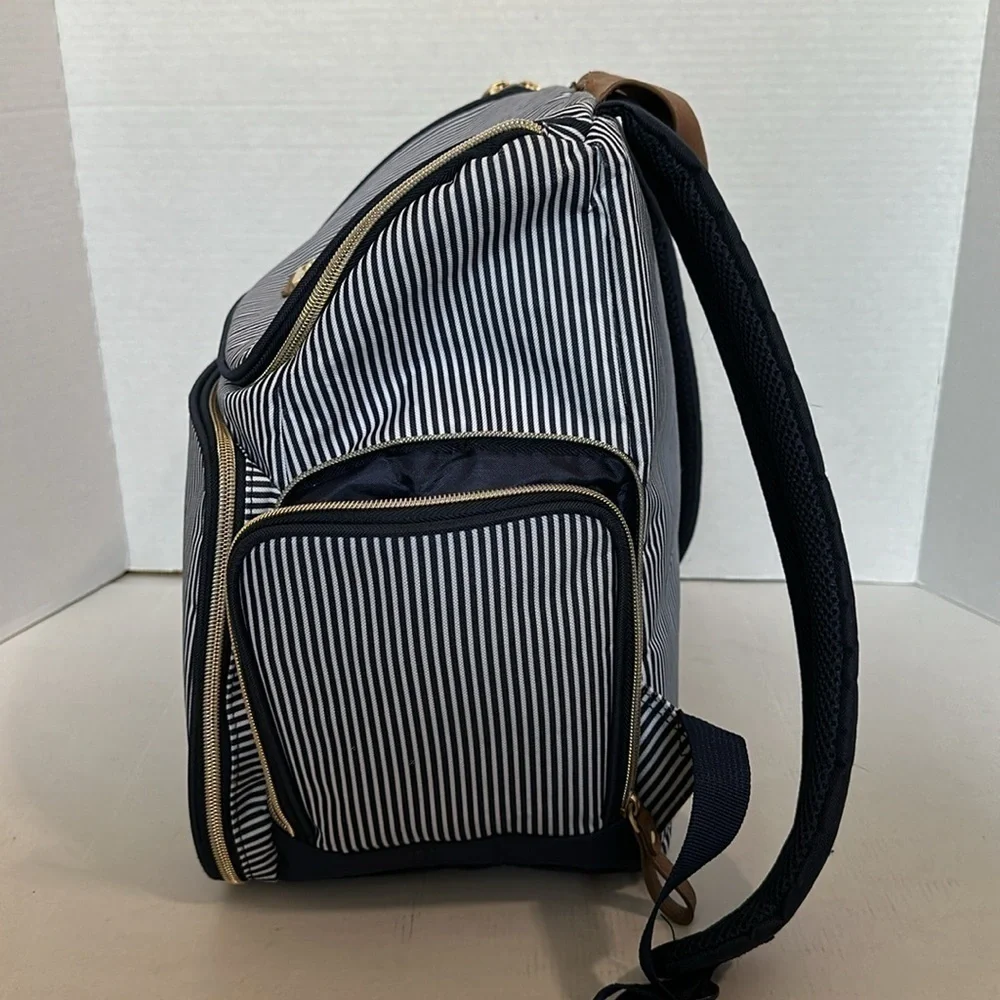 Bananafish breast pump/diaper backpack navy and white pin stripes